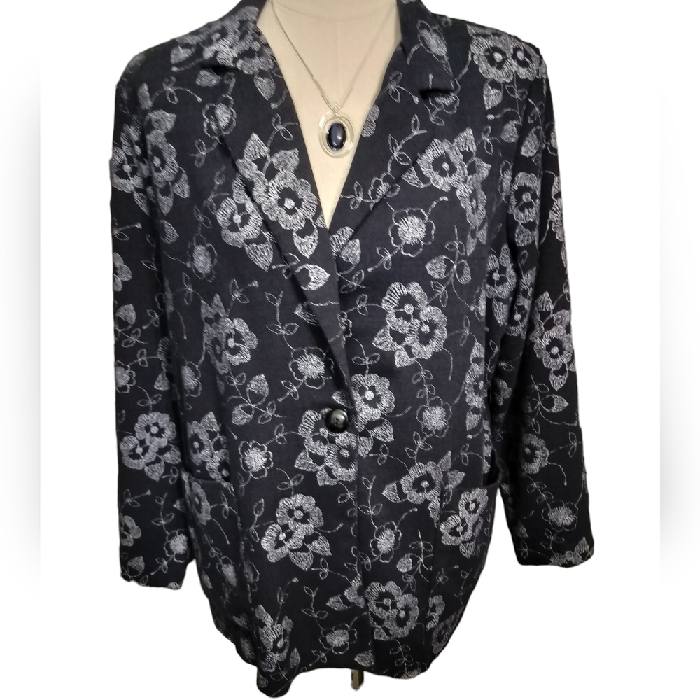(1240) Tudor Court by Haband Black Grey Spring Floral Jacket Blazer Size Large